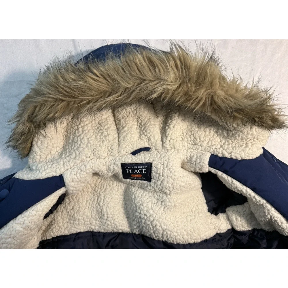 Children’s Place Navy Faux Fur Hooded Puffer Jacket Size XS 4